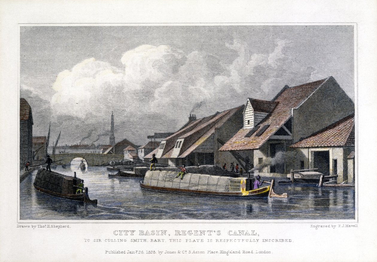 सिटी बेसिन, रीजेंट कैनाल, एफजे हवेल द्वारा उत्कीर्ण, 1827 द्वारा शेफर्ड के बाद थॉमस होस्मर