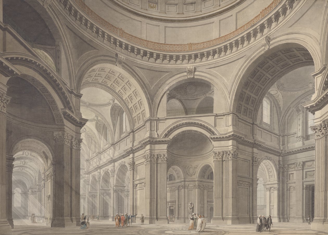 सेंट पॉल कैथेड्रल का इंटीरियर, c.1792 (पेपर पर ग्रेफाइट, wc और पेन) द्वारा थॉमस माल्टन जूनियर।