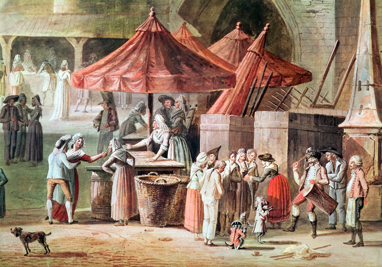 1802 से पहले ग्रैंड चेटलेट के सामने प्लेस डी ल&39;आइटी-पेरिस, बाजार के व्यापारियों और सड़क पर प्रदर्शन करने वालों का विस्तार (wc und gouache) द्वारा थॉमस नूडेट