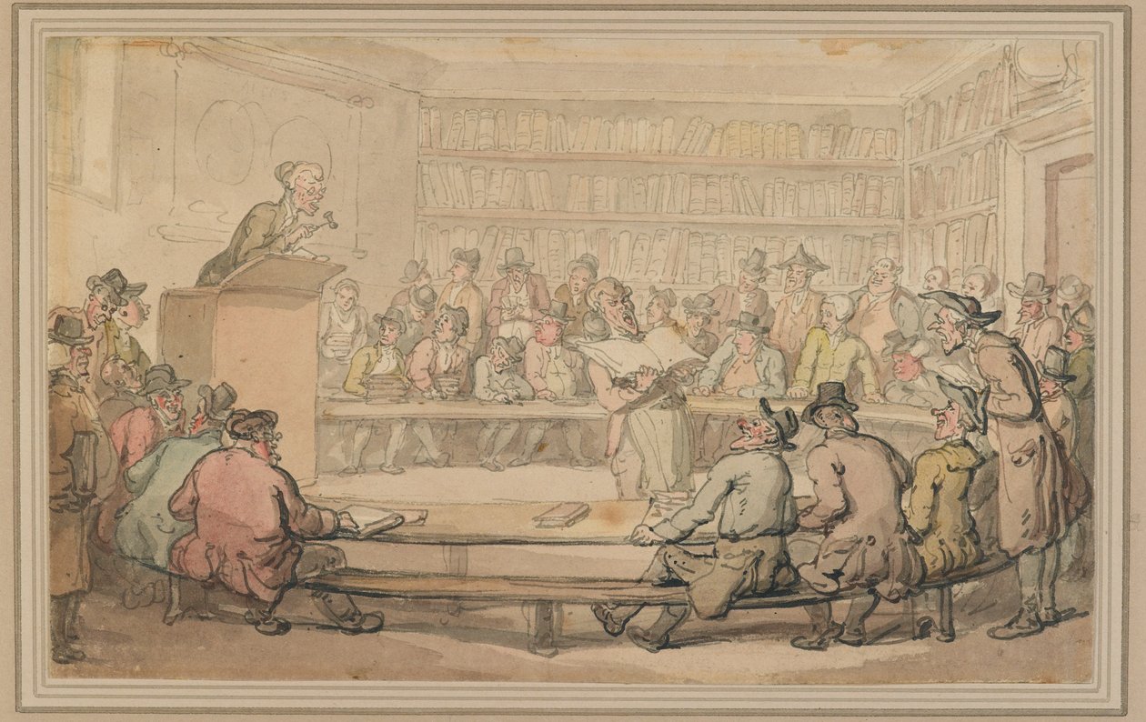 सोथेबिस पर एक पुस्तक नीलामी, c.1810-15 (कलम और स्याही और कागज पर धोना) द्वारा थॉमस रोलैंड्सन