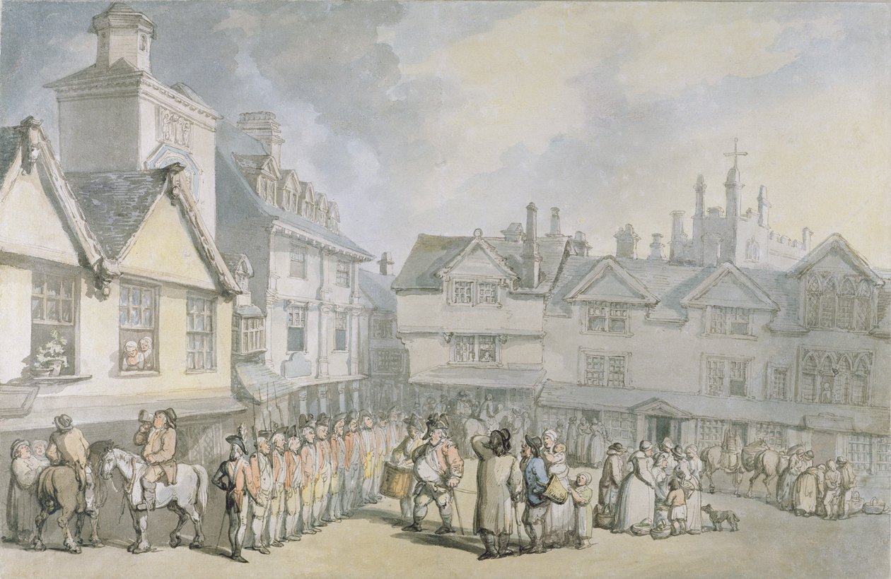 मार्केट प्लेस में समीक्षा, c.1790 (कागज पर wc के साथ पेन und ink) द्वारा थॉमस रोलैंड्सन