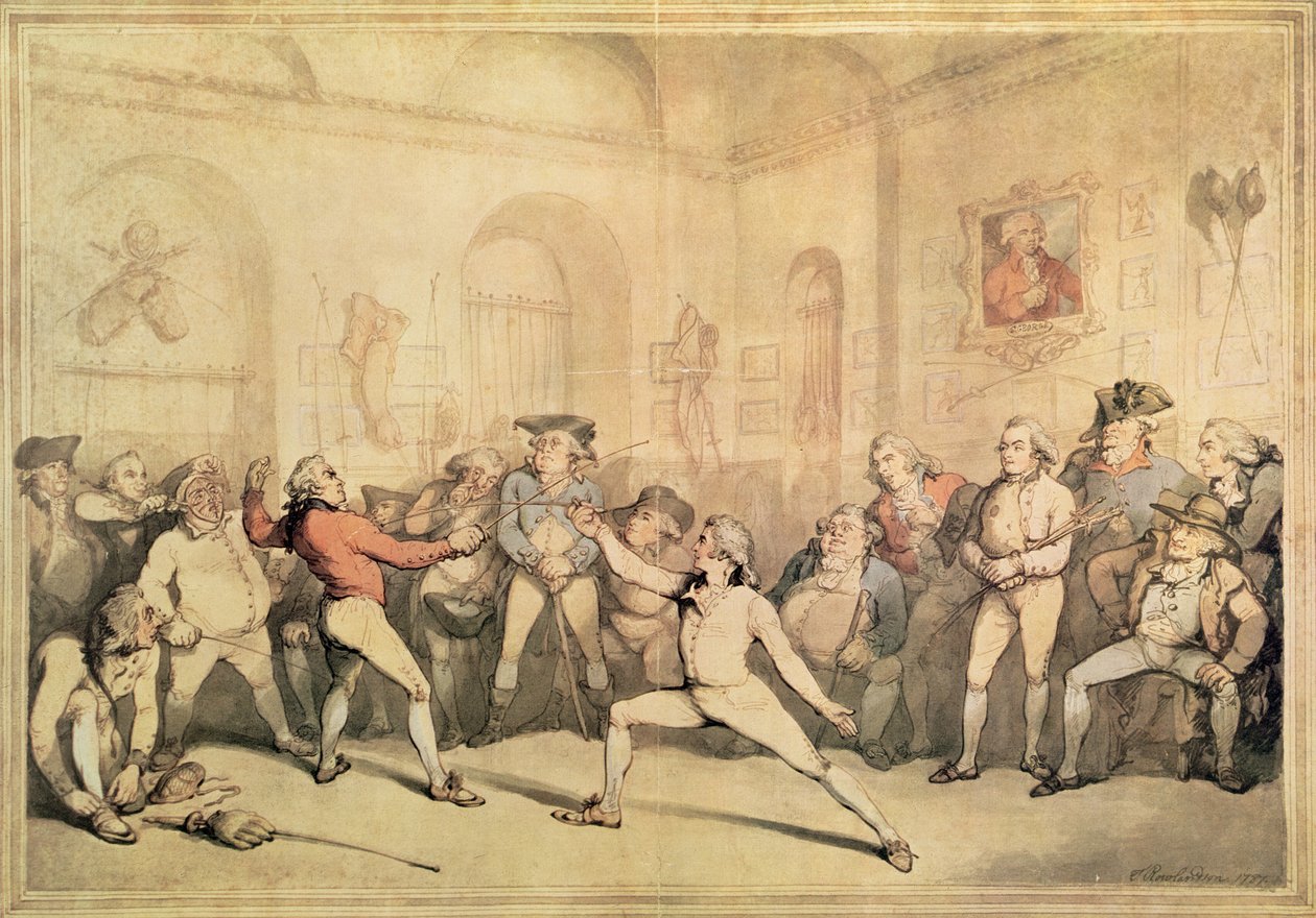 एंजेलो फेंसिंग रूम, पब। 1787 (प्रिंट) द्वारा थॉमस रोलैंड्सन