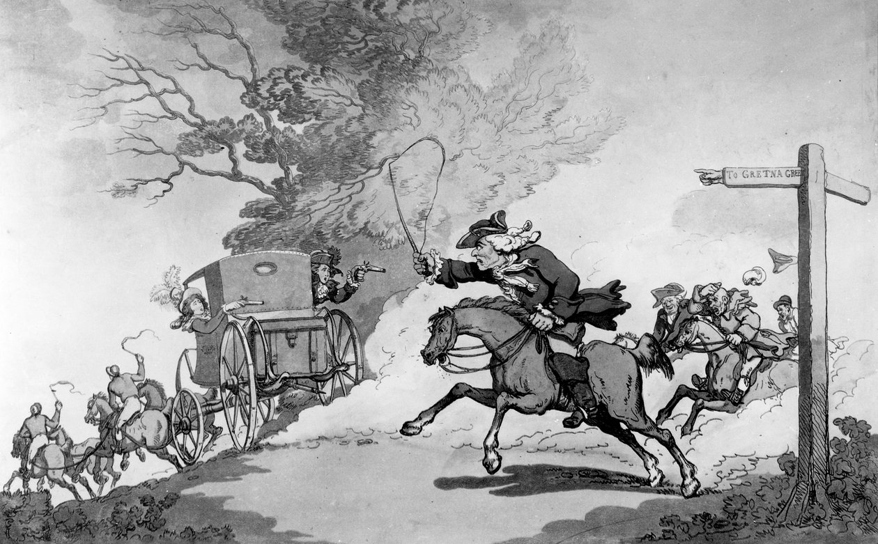 पूरक स्नेह, या ए ट्रिप टू ग्रेटा ग्रीन, 1780s (लिथो) द्वारा थॉमस रोलैंड्सन