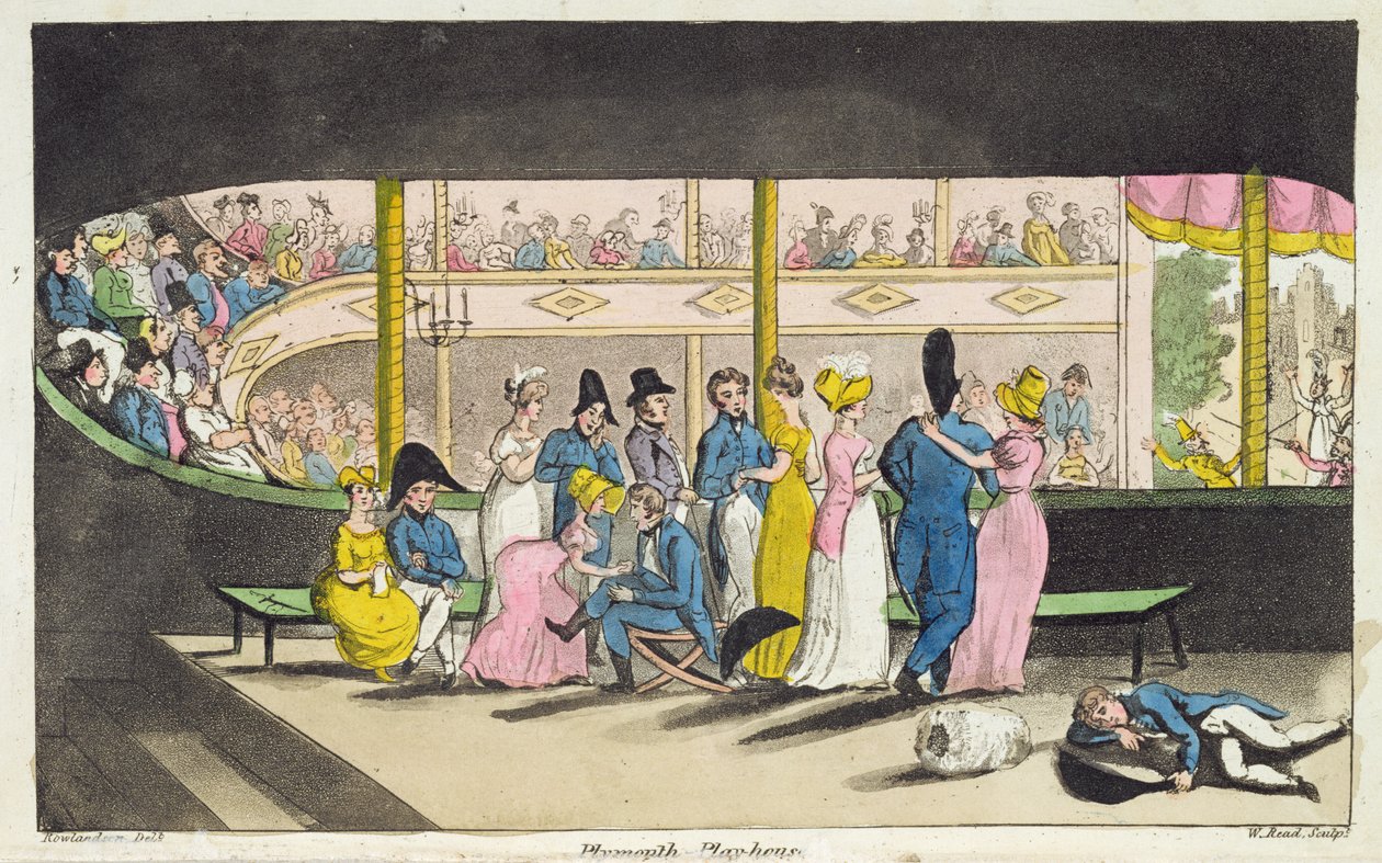 प्लायमाउथ प्लेहाउस, जॉन मिटफोर्ड (1782-1831) द्वारा &39;द एडवेंचर्स ऑफ जॉनी न्यूकेम इन द नेवी&39; की प्लेट डब्ल्यू। Read 1818 द्वारा उकेरी गई द्वारा थॉमस रोलैंड्सन