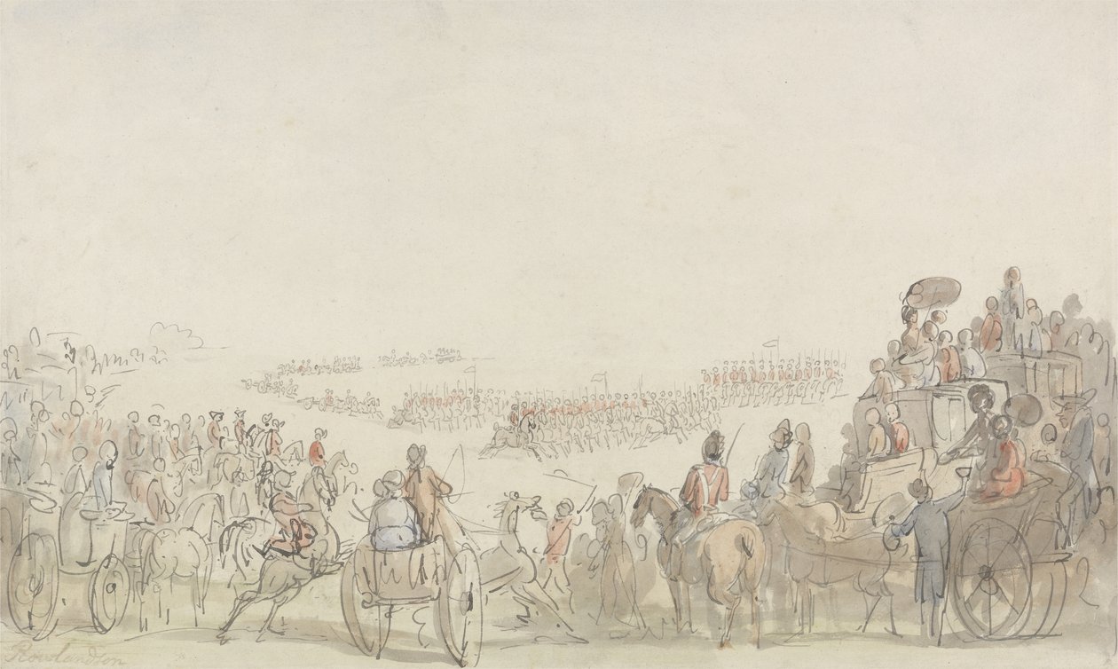 विंबलडन कॉमन, 1798 पर लाइट हॉर्स वालंटियर्स की समीक्षा (कागज पर ग्रेफाइट के साथ पेन और स्याही) द्वारा थॉमस रोलैंड्सन