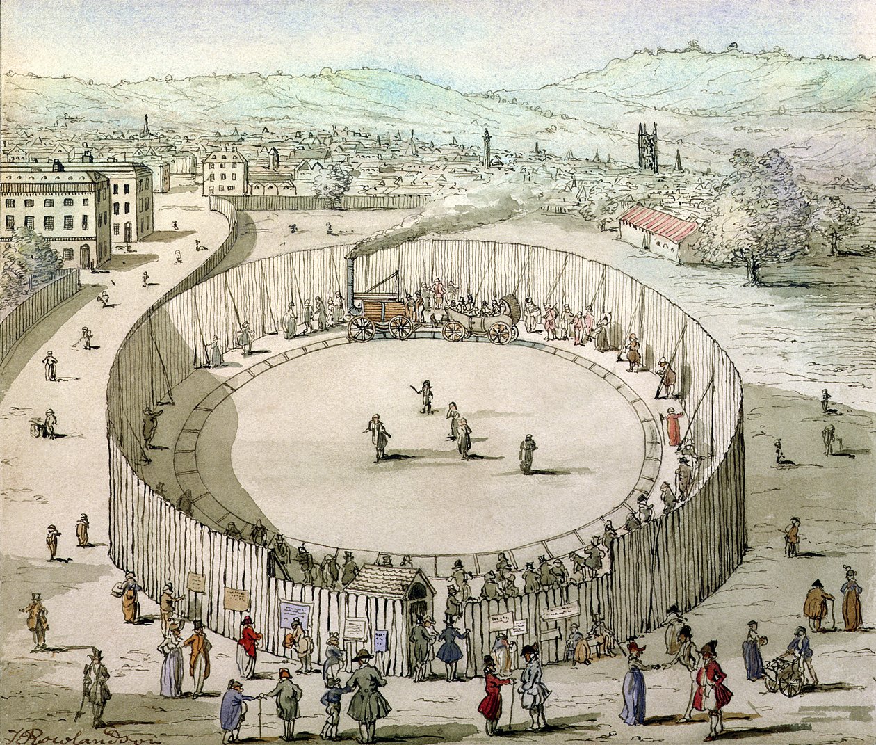 1809 में रिचर्ड ट्रेविथिक्स रेलरोड, यूस्टन स्क्वायर (कागज पर wc) द्वारा थॉमस रोलैंड्सन