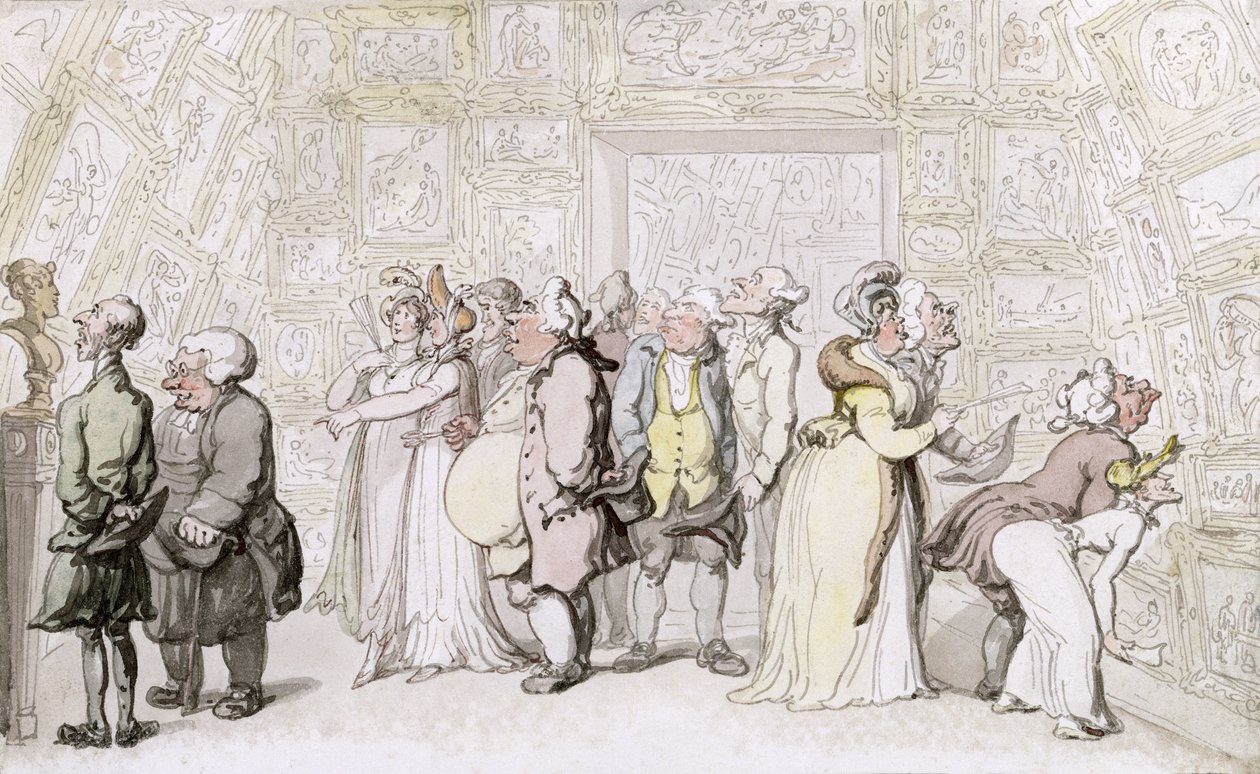 रॉयल अकादमी में देखना, c.1815 (कागज पर कलम, स्याही और wc) द्वारा थॉमस रोलैंड्सन