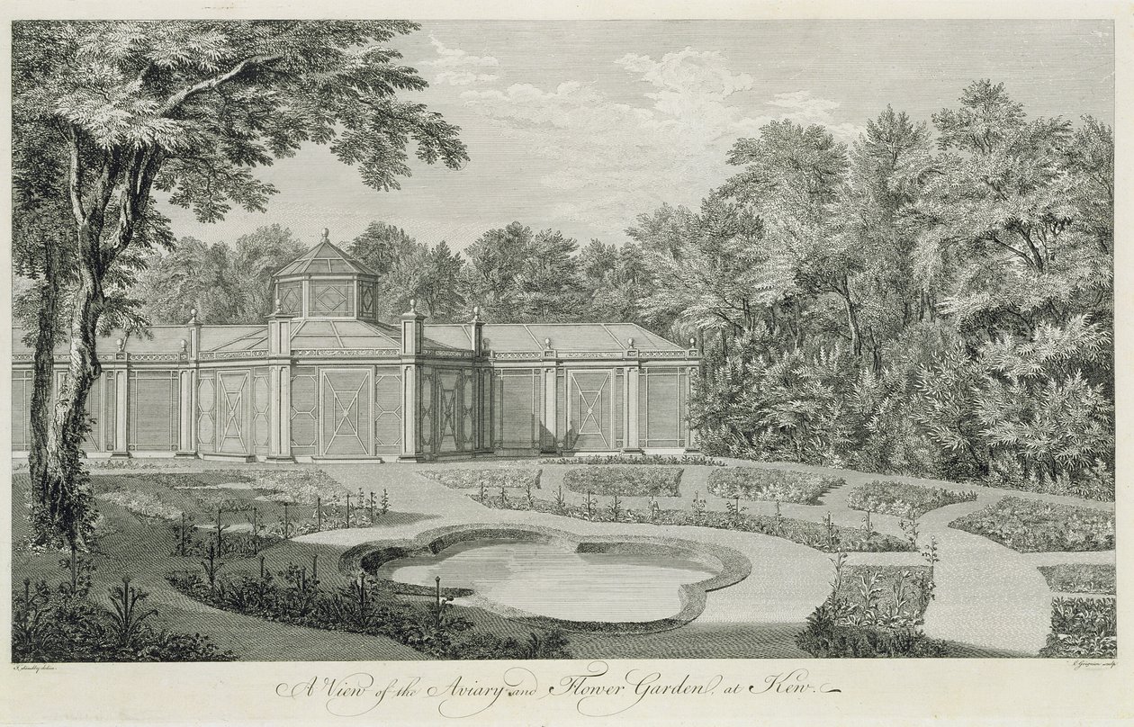 सर विलियम चेम्बर्स (1726-96) द्वारा केव में &39;प्लान्स, एलीवेशन, सेक्शन्स एंड पर्स्पेक्टिव व्यूज़ ऑफ़ द गार्डन्स एंड बिल्डिंग्स ऑफ़ द सीरीज़&39; (1726-96) से केव में एवियरी एंड फ्लावर गार्डन का एक दृश्य द्वारा थॉमस सैंडबी