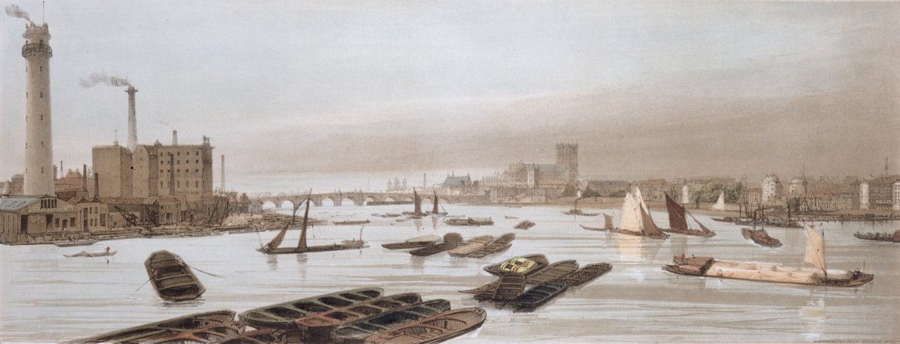 वाटरलू ब्रिज का वेस्टमिंस्टर, शॉट टावर को शामिल करते हुए, &39;लंदन ऐस इज़ इज़&39; से, 1842 में कलाकार द्वारा उत्कीर्ण और प्रकाशित किया गया (देखें 14208) द्वारा थॉमस शॉटर बॉयज़