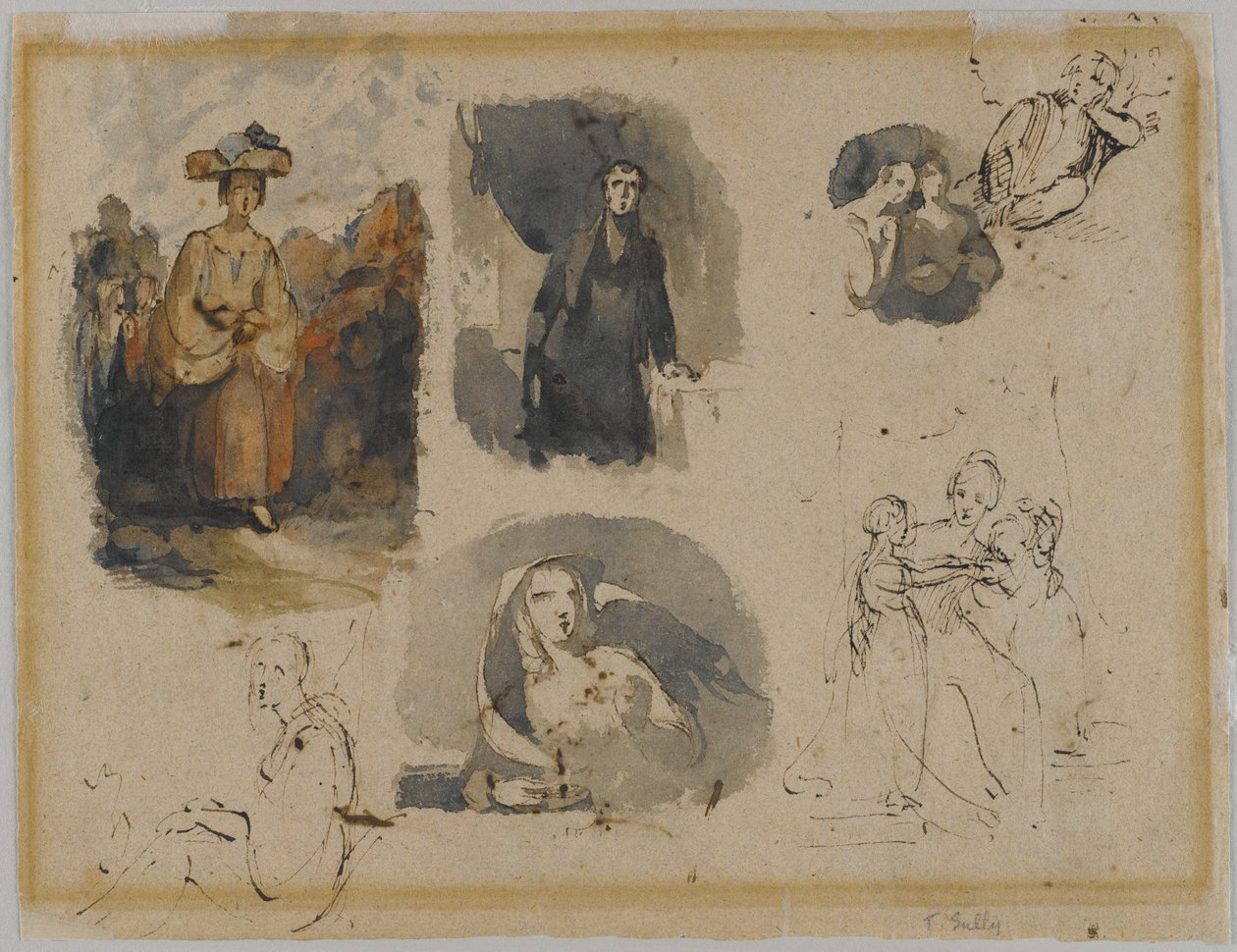 [शीर्षकहीन] (सात चित्रा अध्ययन), c.1830s (बेज, मध्यम-वजन, मध्यम बनावट वाले एंटीक बिछाए गए कागज़ पर लोहे की स्याही और wc) (छंद) द्वारा थॉमस सुली