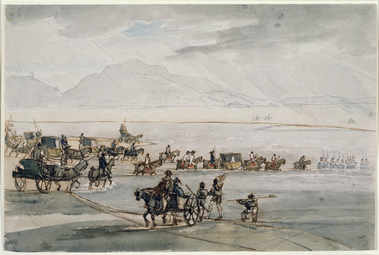 लंकाशायर की ऊँची शेरिफ क्रॉसिंग मोरकम्बे सैंड्स (wc, कलम और कागज पर स्याही) द्वारा थॉमस सुंदरलैंड