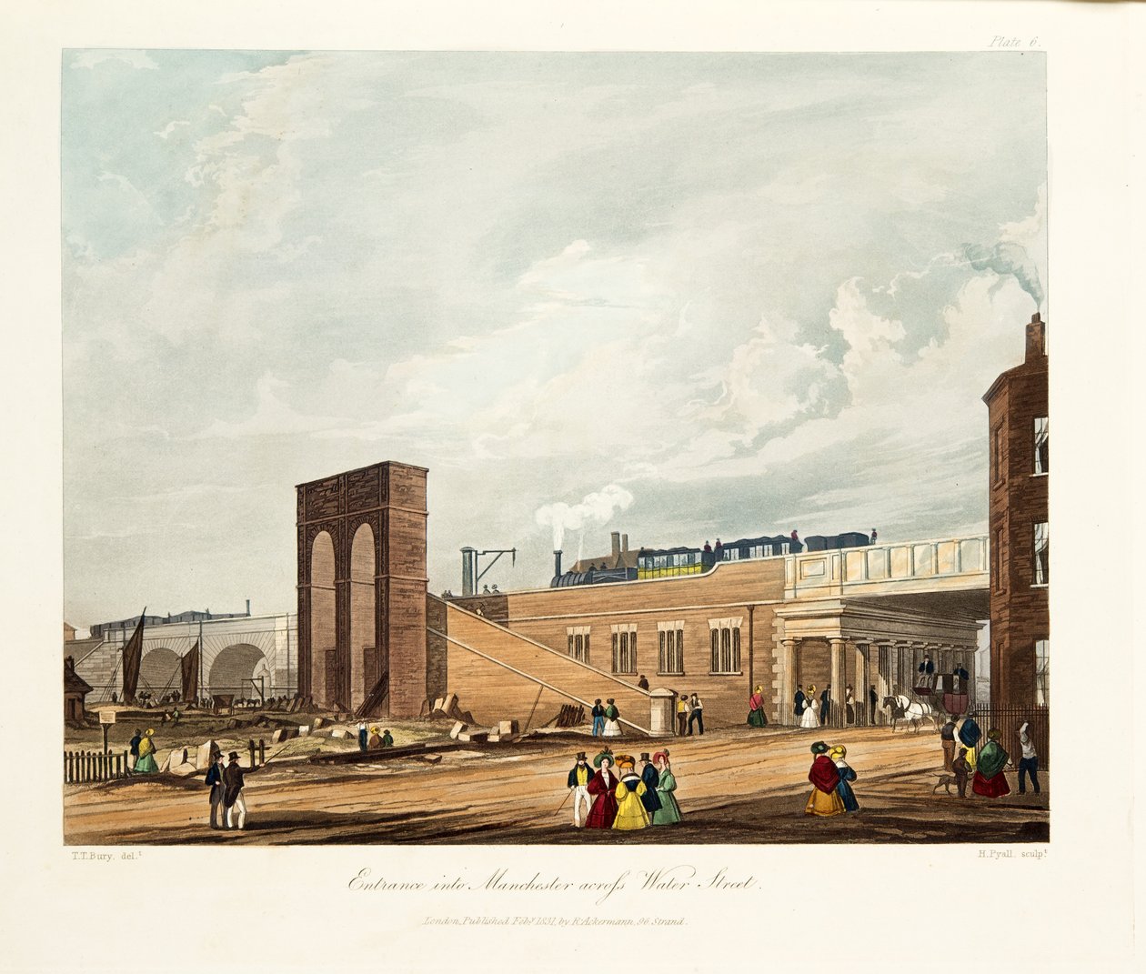 मैनचेस्टर एक्रॉस वॉटर स्ट्रीट में प्रवेश, 1831 (हाथ के रंग का उत्कीर्णन) द्वारा थॉमस टैलबोट बरी