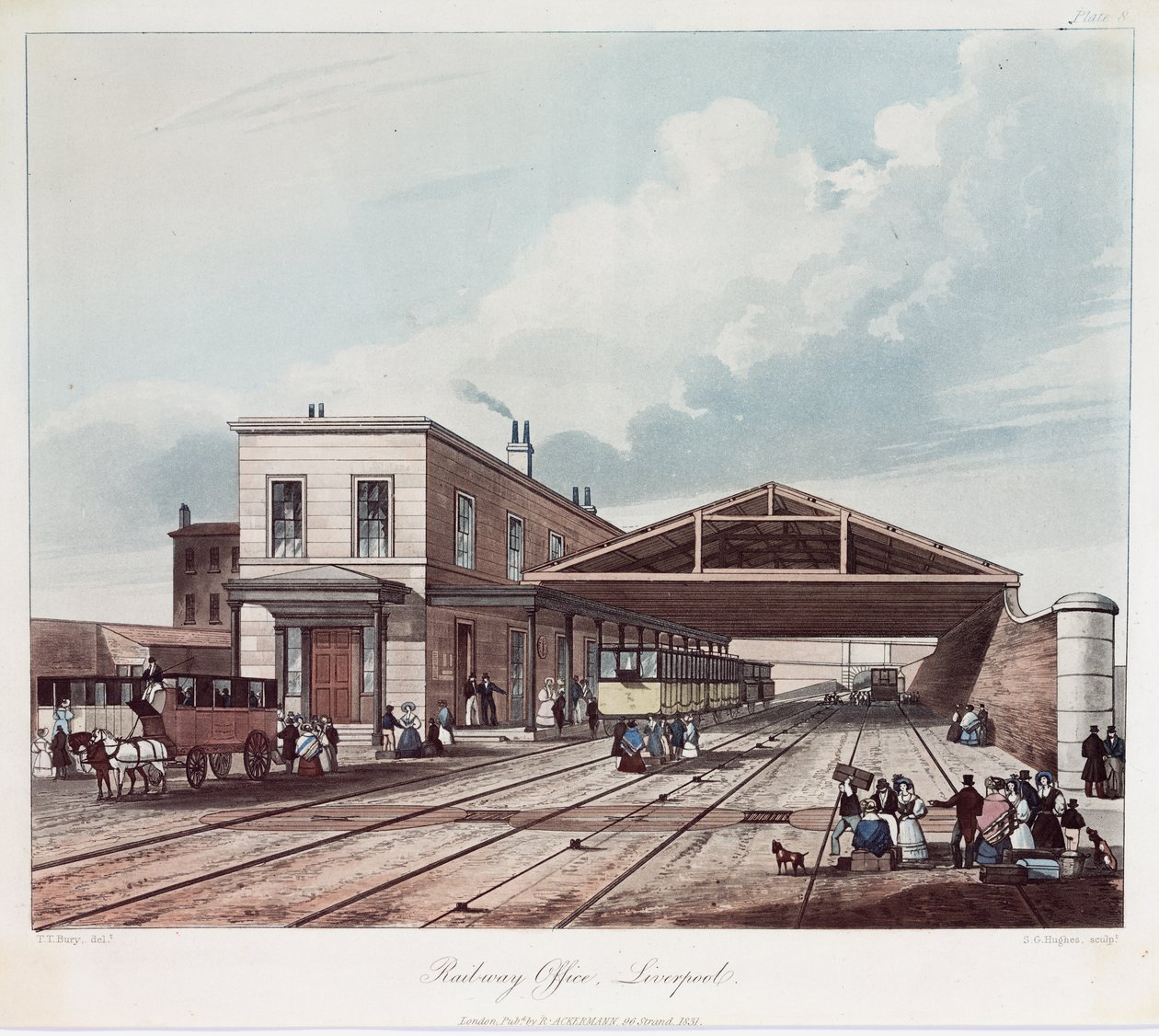 रेलवे कार्यालय, लिवरपूल, एसजी ह्यूजेस द्वारा उत्कीर्ण, 1831 (रंगीन एक्वाटिंट) द्वारा ब्यूरी के बाद थॉमस टैलबोट
