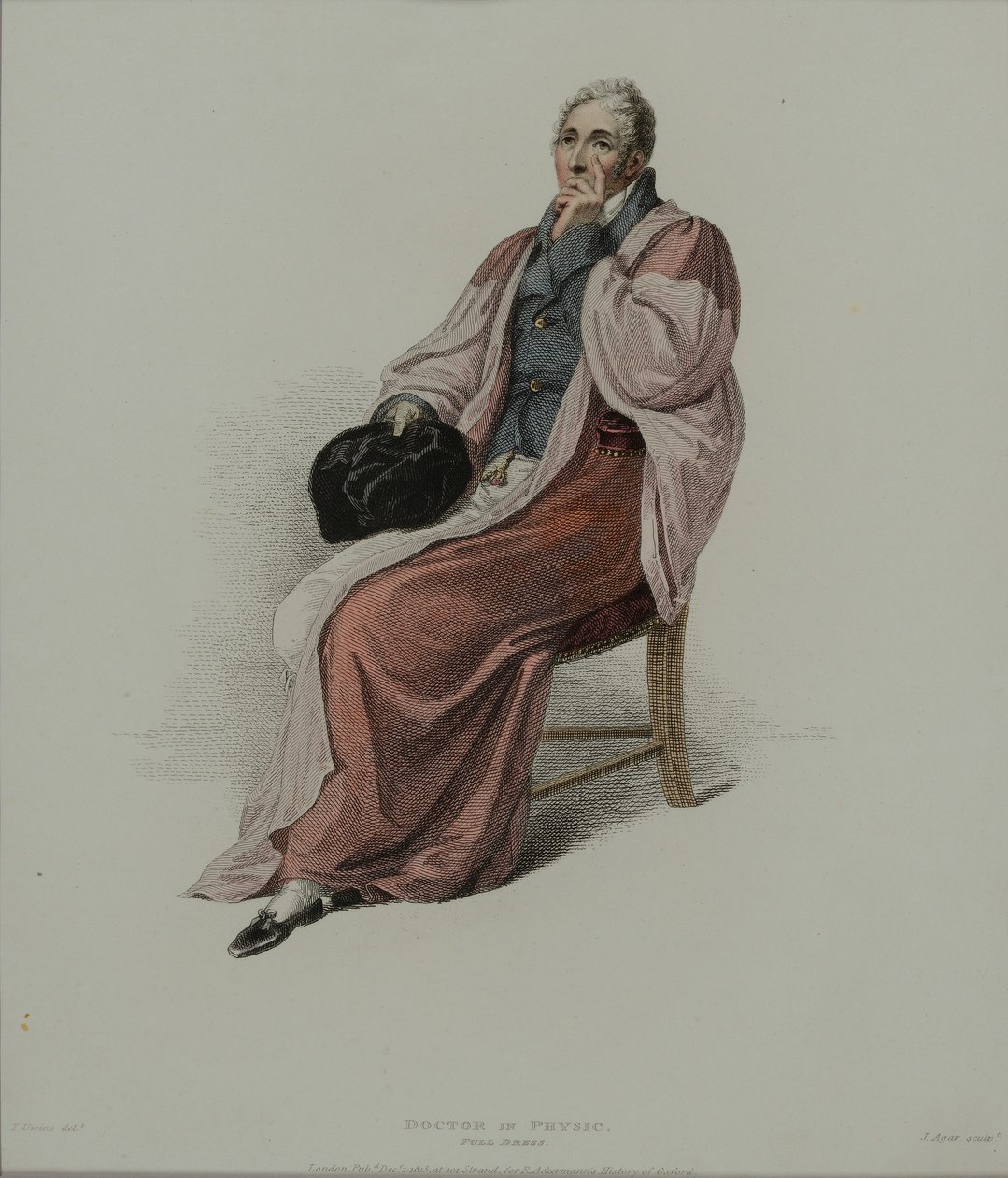 डॉक्टर ऑफ फिजिक इन फुल ड्रेस, जे। अगार द्वारा उकेरी गई, आर। ऑर्कमैन की &39;हिस्ट्री ऑफ ऑक्सफोर्ड&39; में प्रकाशित, 1813 (हाथ से रंगा हुआ उत्कीर्णन) द्वारा थॉमस उविंस