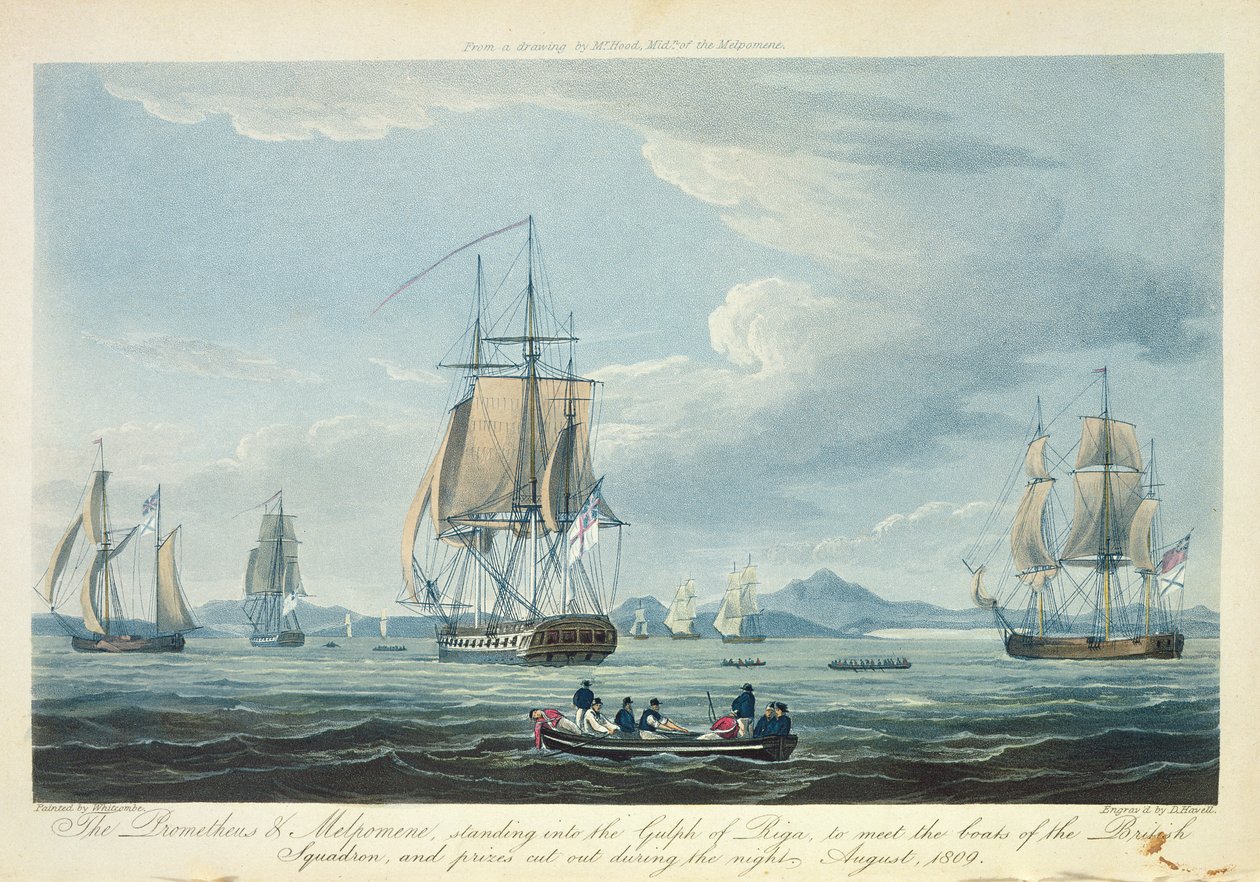 जे। राल्फ द्वारा प्रकाशित &39;द नेवल क्रोनोलॉजी ऑफ ग्रेट ब्रिटेन&39; के लिए डी। हैवेल द्वारा उत्कीर्ण ब्रिटिश स्क्वाड्रन, अगस्त, 1809 को पूरा करने के लिए रीगा की खाड़ी में प्रोमेथियस और मेलपोमीन, 1820 में प्रकाशित (रंगीन) द्वारा थॉमस व्हिटकॉम्ब