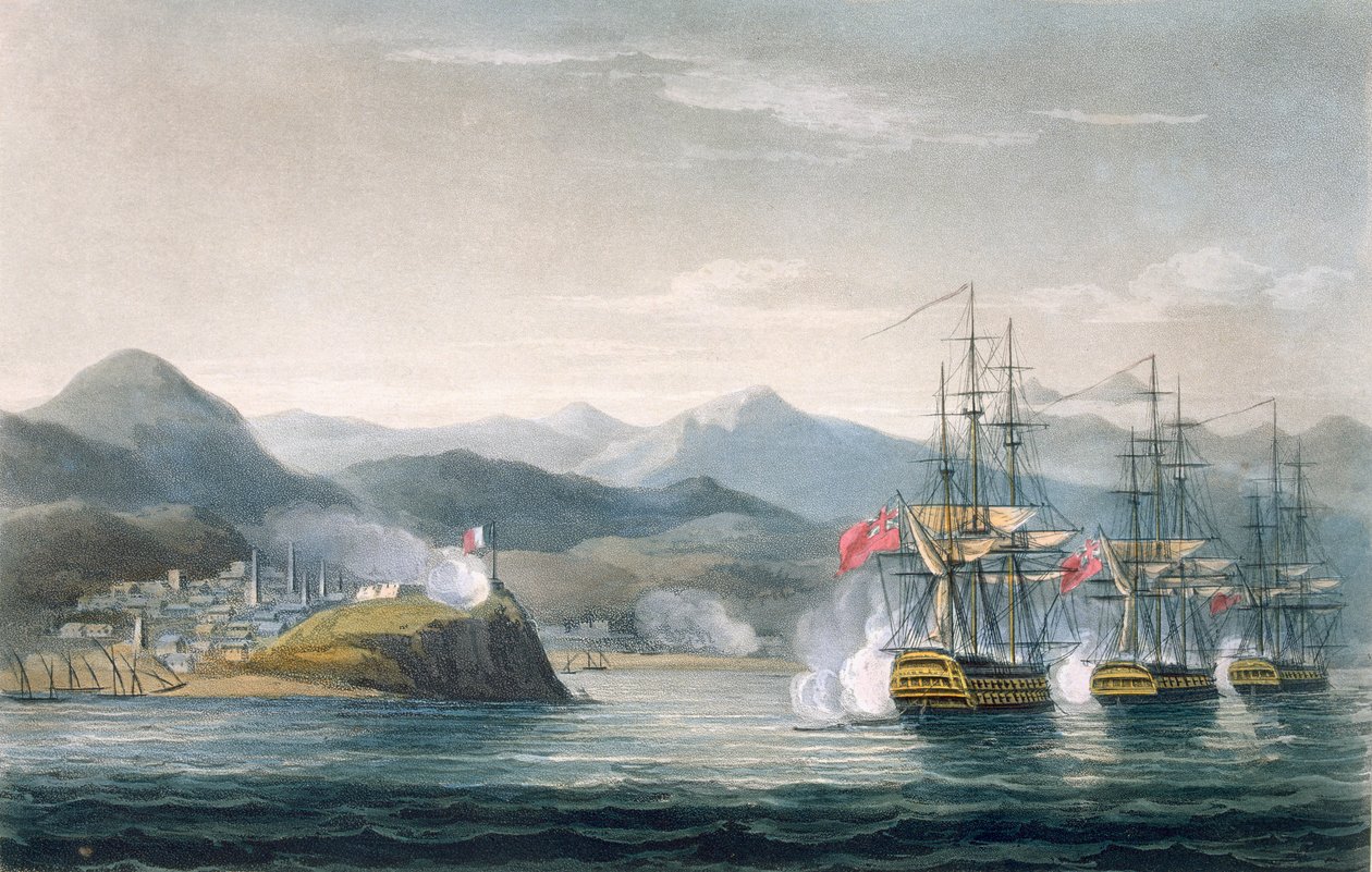 12 अप्रैल 1814 को फोर्ट मॉरीगियो पर हमला करने वाले सर जे। ब्रिस्बेन की कमान के तहत स्क्वाड्रन, जे। राल्फ द्वारा प्रकाशित &39;द नेवल क्रोनोलॉजी ऑफ ग्रेट ब्रिटेन&39; के लिए टी। सदरलैंड द्वारा उत्कीर्ण, 1820 (कोलो द्वारा थॉमस व्हिटकॉम्ब