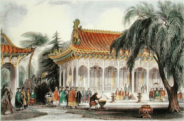 यूएन-मिंग-युआन, पेकिंग के महल में दर्शकों का हॉल, c.1850 (रंग लिथो) द्वारा थॉमस (बाद) अलोम