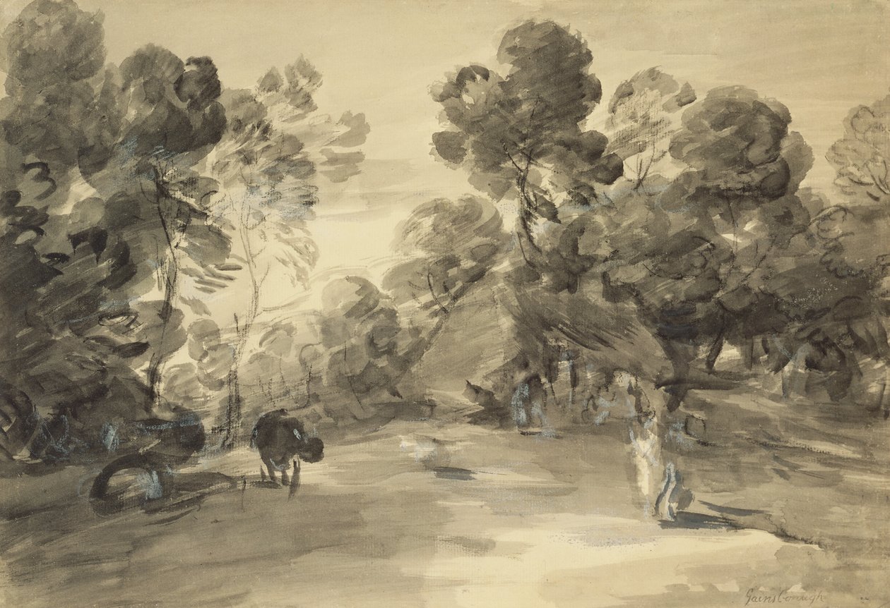 आंकड़े, कुटीर और गाय, c.1785 के साथ जंगली परिदृश्य (कागज पर गौचे के साथ धो और चाक) द्वारा थॉमस (बाद) गेन्सबोरो
