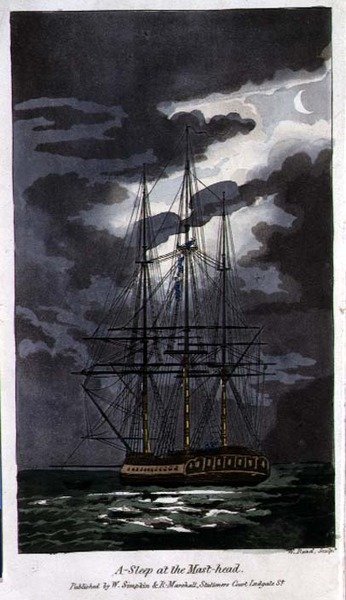 मस्त-सिर पर सो जाओ, जॉन मिटफोर्ड (1782-1831) द्वारा 'द एडवेंचर्स ऑफ जॉनी न्यूकम इन द नेवी' से प्लेट डब्ल्यू द्वारा उकेरी गई। पढ़ें द्वारा थॉमस (बाद में) रोलैंडसन