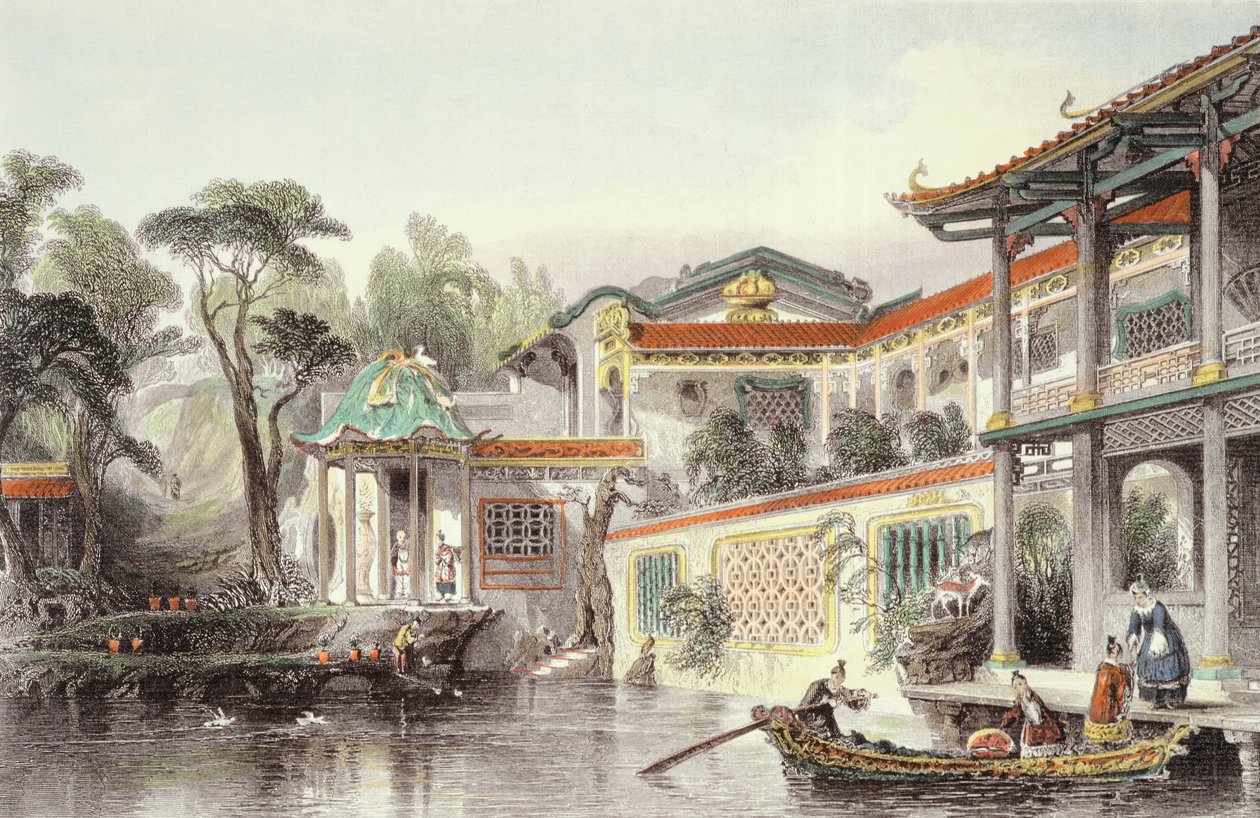 जॉर्ज न्यूनेहम राइट (c.1790-1877) 1843 द्वारा &39;चाइना ऑफ सीन्स&39; में चीन के कैंटन के उपनगरीय इलाके में एक चीनी व्यापारी हाउस ऑफ कॉन्सेप्सा द्वारा थॉमस एलोम