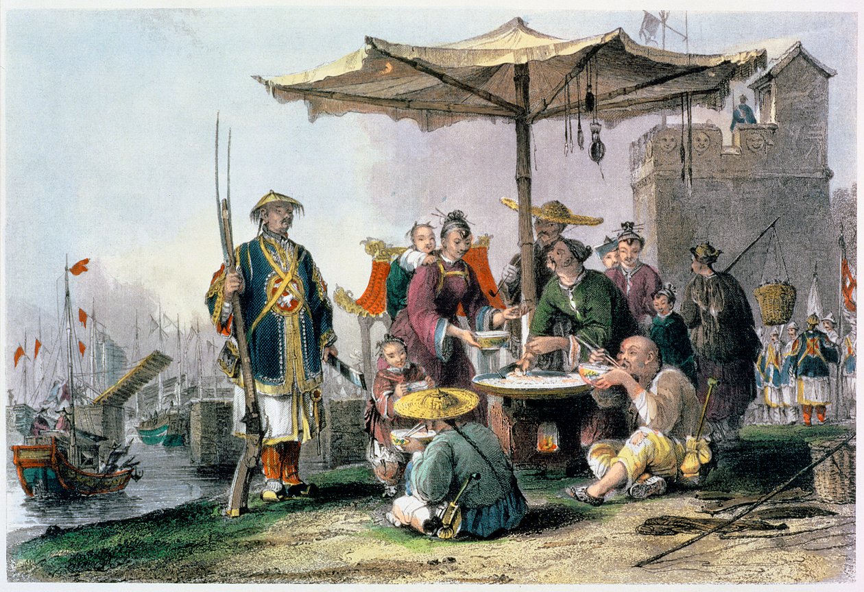 टोंग-चांग-टू के सैन्य स्टेशन पर चावल बेचने वाले, चीन, 1843 द्वारा थॉमस एलोम