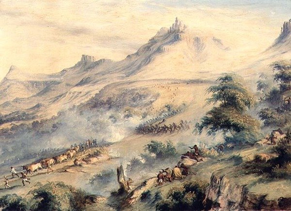 कैप्टन फिशर की कमान के तहत एक गश्ती वैन बेउलेंस होक कैट नदी में मैकोमा के काफिरों द्वारा आरोपित, c.1846 द्वारा थॉमस बैनेस