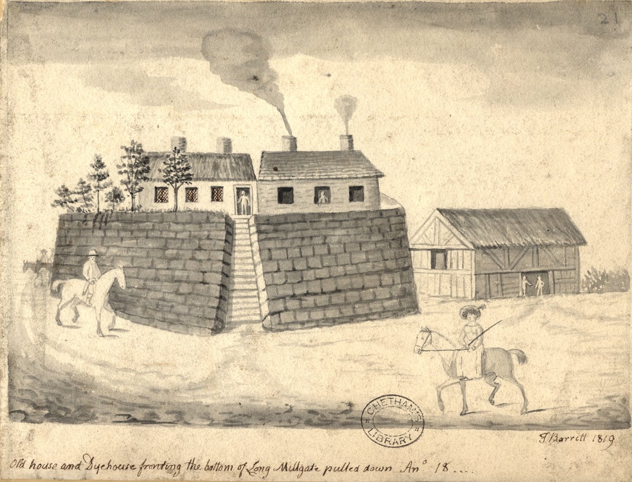 ओल्ड डाई हाउस और डाई हाउस, मैनचेस्टर, 1819 (कागज पर पेन इन स्याही और वॉश) द्वारा थॉमस बैरिट