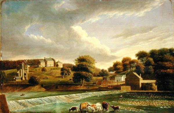 मिल ग्रोव फार्म, पर्किओमन क्रीक, फिलाडेल्फिया, c.1820 (पैनल पर तेल) द्वारा थॉमस बर्च