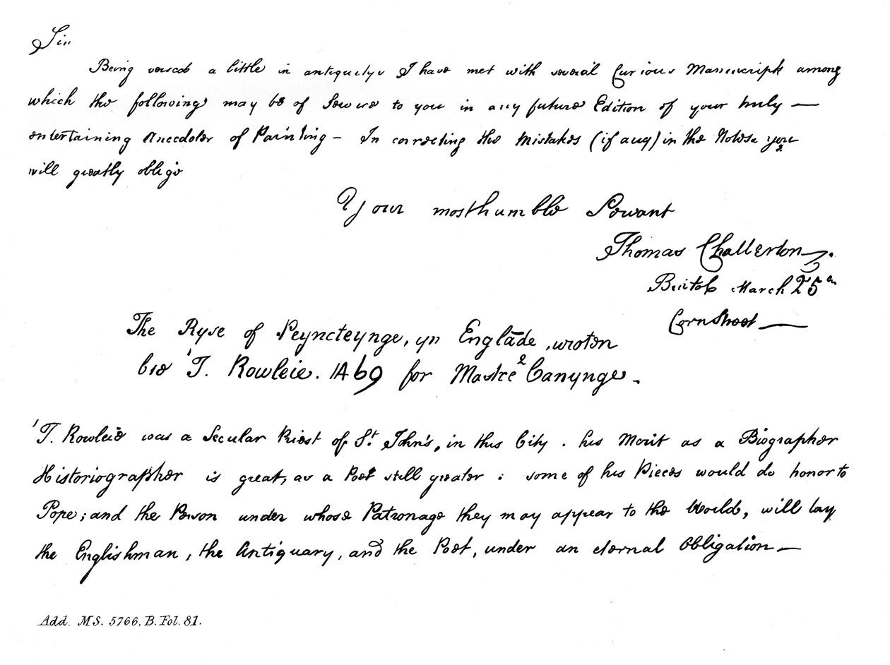 1840 के दशक के अंत में, 1840 के उत्तरार्ध में थॉमस चैट्टरन से होरेस वालपोल के एक पत्र का हिस्सा द्वारा थॉमस चैटरटन