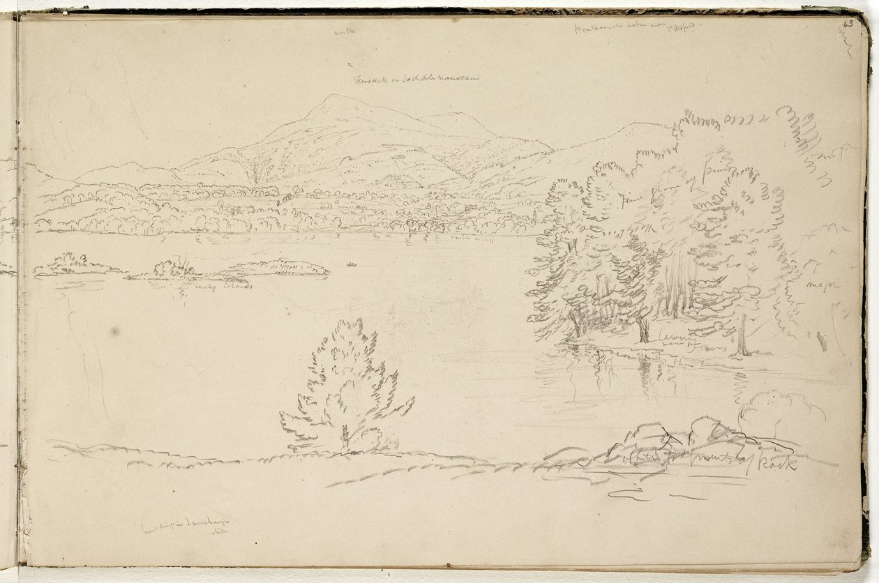 पिट्सफ़ील्ड के पास होसिक या सैडल पर्वत और झील, c.1832 (ऑफ-व्हाइट वॉव पेपर पर ग्रेफाइट पेंसिल) (3525969 देखें) द्वारा थॉमस कोल