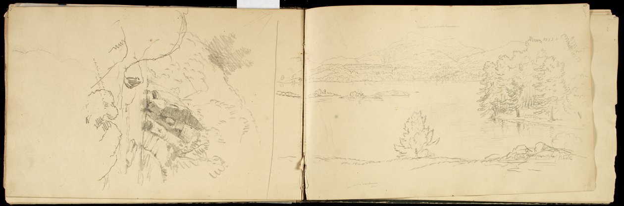 पिट्सफ़ील्ड के पास होज़िक या सैडल पर्वत और झील, c.1832 (ऑफ-व्हाइट वॉव पेपर पर ग्रेफाइट पेंसिल) (3514873 भी देखें) द्वारा थॉमस कोल