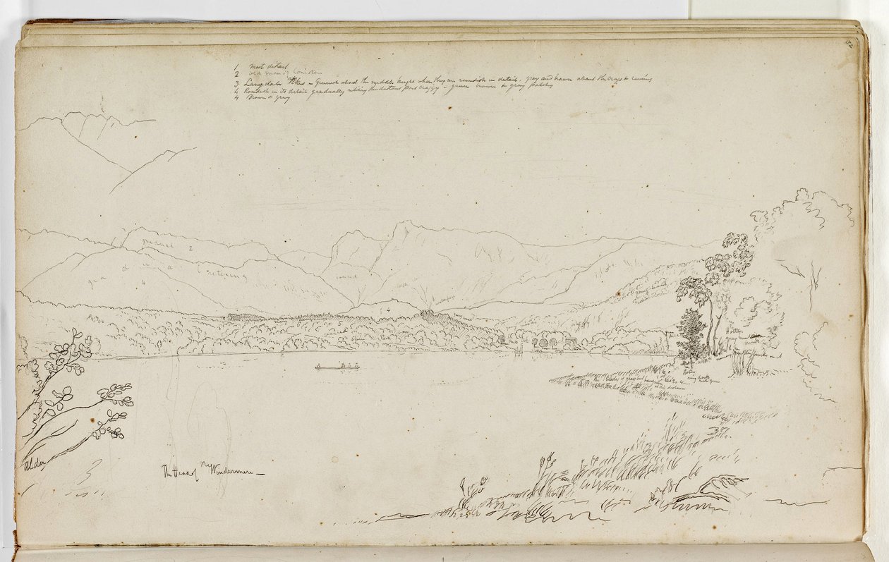 हेड ऑफ़ विंडरमेरे, लेक डिस्ट्रिक्ट, इंग्लैंड, 1829 (कागज पर पेंसिल पर स्याही और स्याही) द्वारा थॉमस कोल