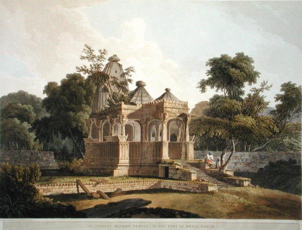 रोटास, बहार के किले में एक प्राचीन हिंदू मंदिर, 'ओरिएंटल सीनरी: ट्वेंटी फोर व्यूज़ इन हिंदोस्तान' से प्लेट 12, 1796 में प्रकाशित (कलर लिथो) द्वारा थॉमस डेनिएल