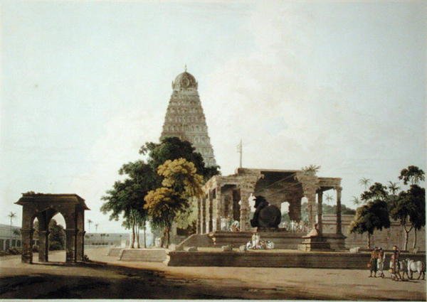 द ग्रेट बुल, एन हिंदू आइडल, तंजौर में, 'ओरिएंटल सीनरी' से प्लेट XXII, 1798 में प्रकाशित (रंगीन एक्वाटिंट) द्वारा थॉमस डेनिएल