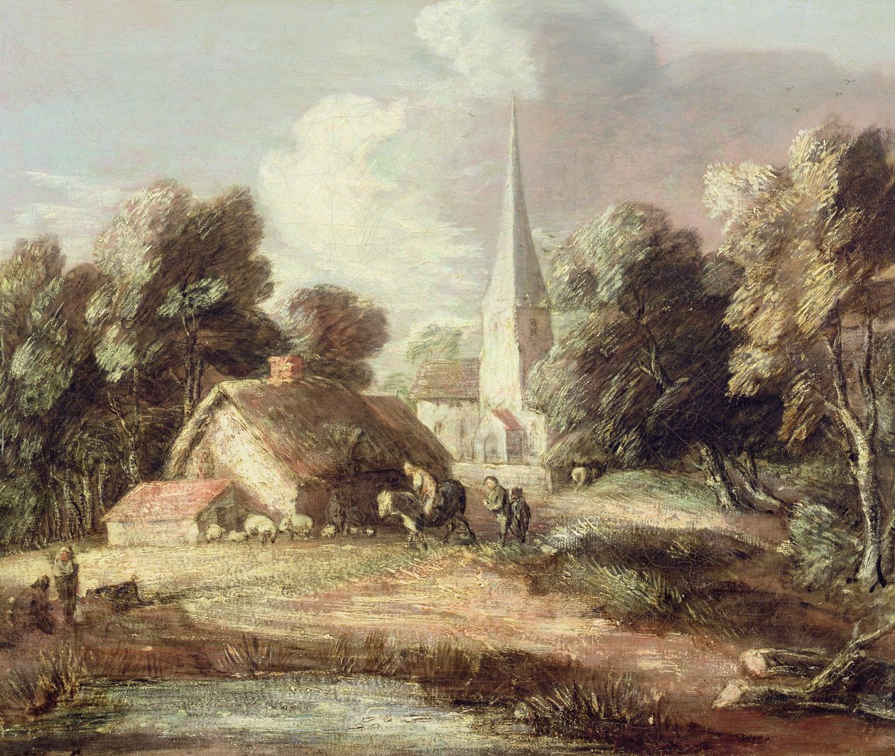 चर्च, कॉटेज, ग्रामीणों और जानवरों के साथ लैंडस्केप, c.1771-2 (काले चाक के साथ कैनवास पर तेल) द्वारा थॉमस गेन्सबोरो