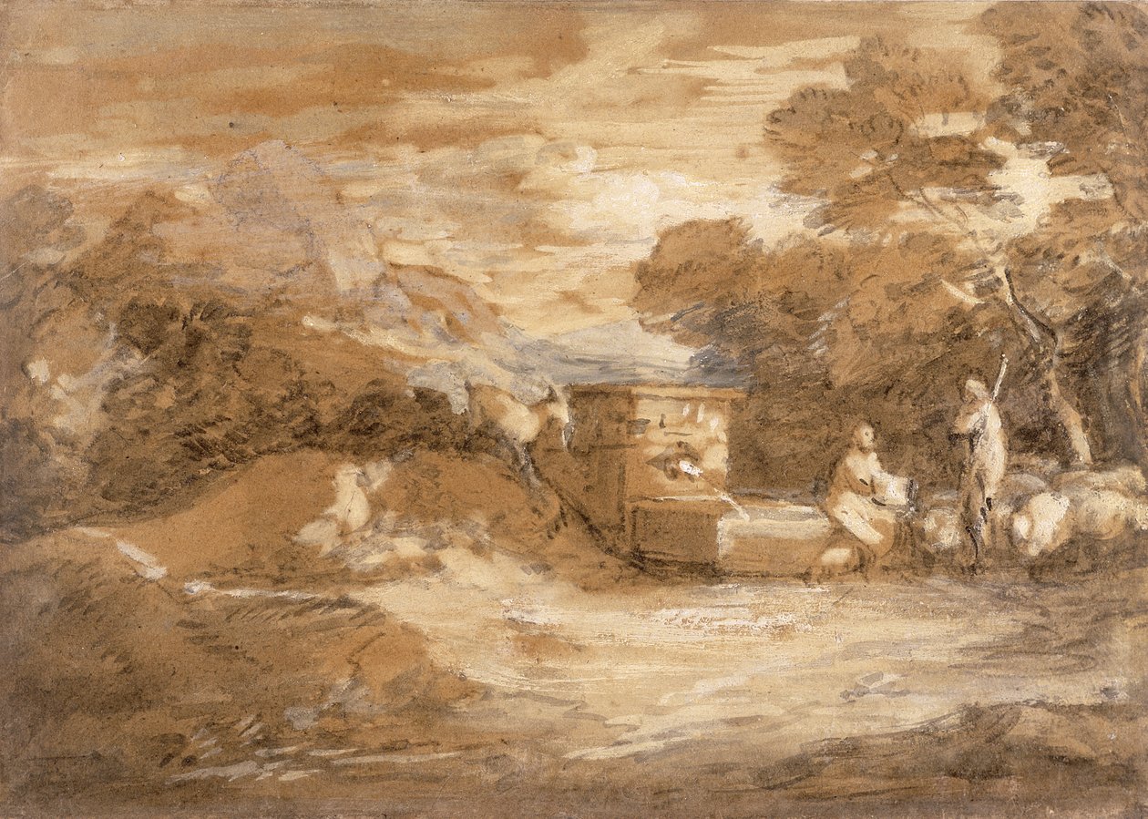 माउंटेन लैंडस्केप्स विथ फिगर्स, शीप एंड फाउंटेन, c.1785-88 (ग्रे वॉश, ऑइल एंड ब्लैक चॉक ऑन पेपर) द्वारा थॉमस गेन्सबोरो