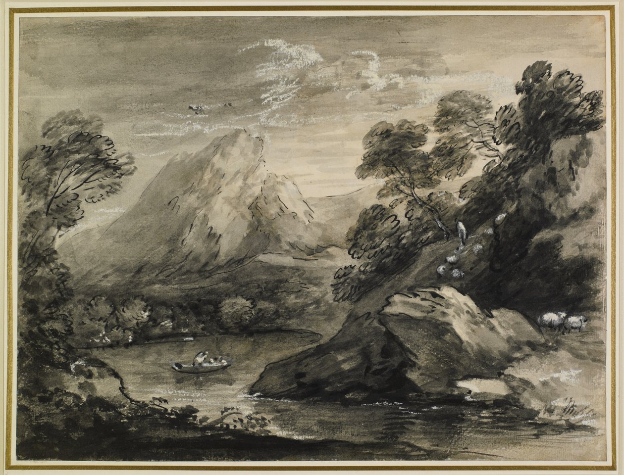 एक झील पर नाव के साथ पहाड़ी लैंडस्केप, 1777-80 द्वारा थॉमस गेन्सबोरो