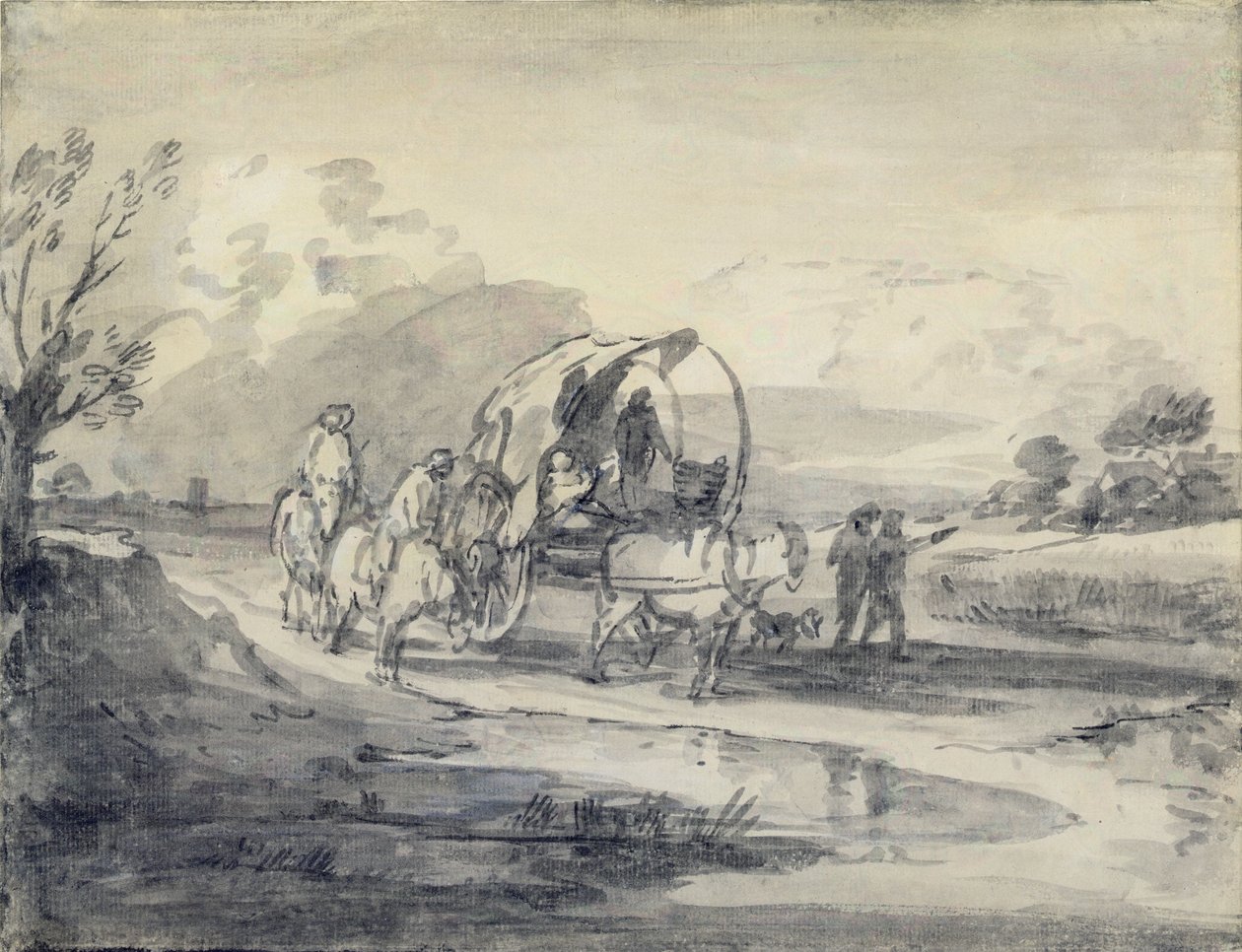 ओपन लैंडस्केप विद हरड्समैन एंड कवर्ड कार्ट, c.1780-85 (ग्रे और ब्लैक वॉश और चॉक पेपर पर रखी गई) द्वारा थॉमस गेन्सबोरो
