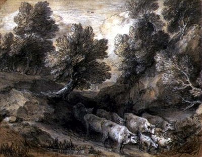 मवेशी और बकरियों के साथ जंगली लैंडस्केप, c.1768-72 (कागज पर काला और सफेद चाक) द्वारा थॉमस गेन्सबोरो