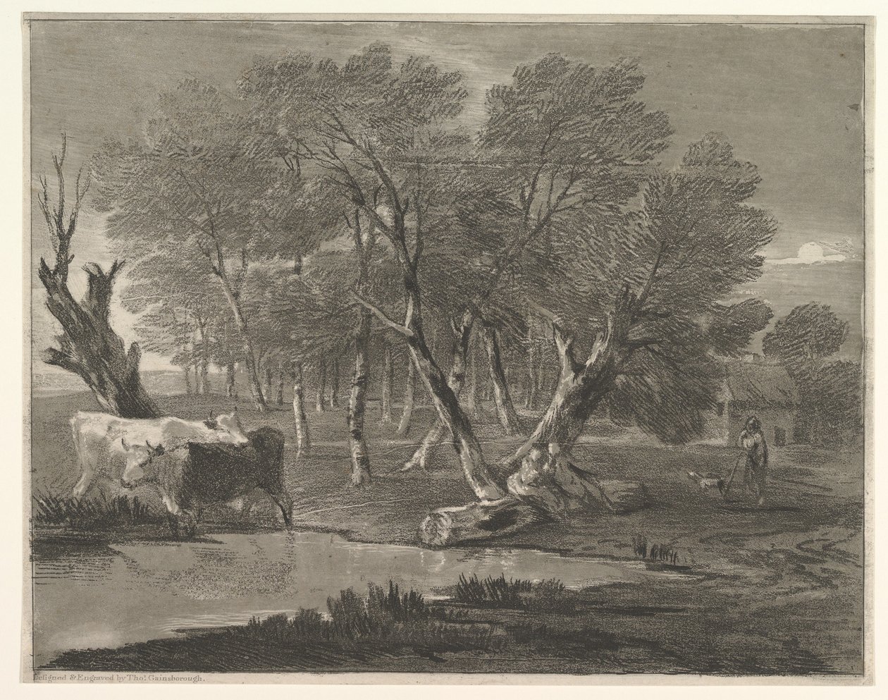 पूल, आंकड़े और कुटीर, 1775-80 के पास गायों के साथ वुडन लैंडस्केप। द्वारा थॉमस गेन्सबोरो