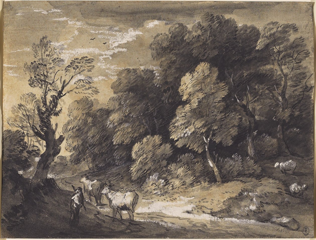 Herdsman and Cattle के साथ वुडेड लैंडस्केप, c.1775-80 (काला चाक और ग्रे-ब्लैक washes, बिछाए गए कागज पर सफेद गॉच के साथ ऊंचा) द्वारा थॉमस गेन्सबोरो