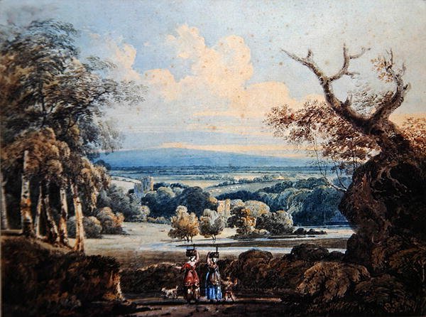 अग्रभूमि में देश की महिलाओं के साथ अरुंडेल कैसल का दृश्य, c.1796 (कागज पर पानी के रंग का) द्वारा थॉमस गिर्टिन