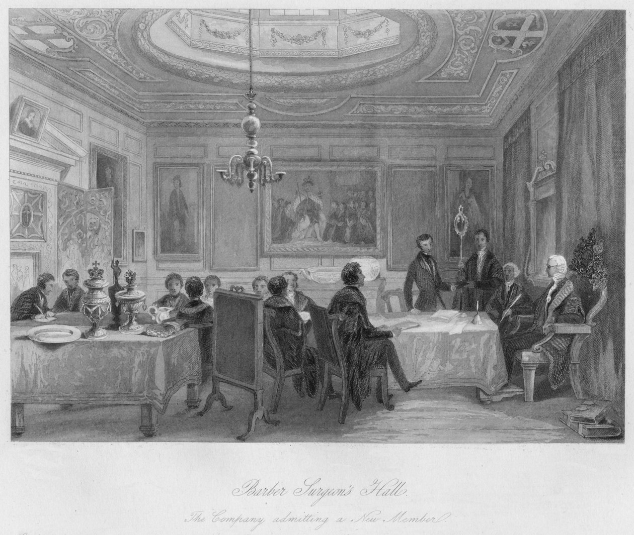 नाई सर्जन हॉल। कंपनी ने एक नए सदस्य को स्वीकार किया, c1841 द्वारा थॉमस एच। एलिस