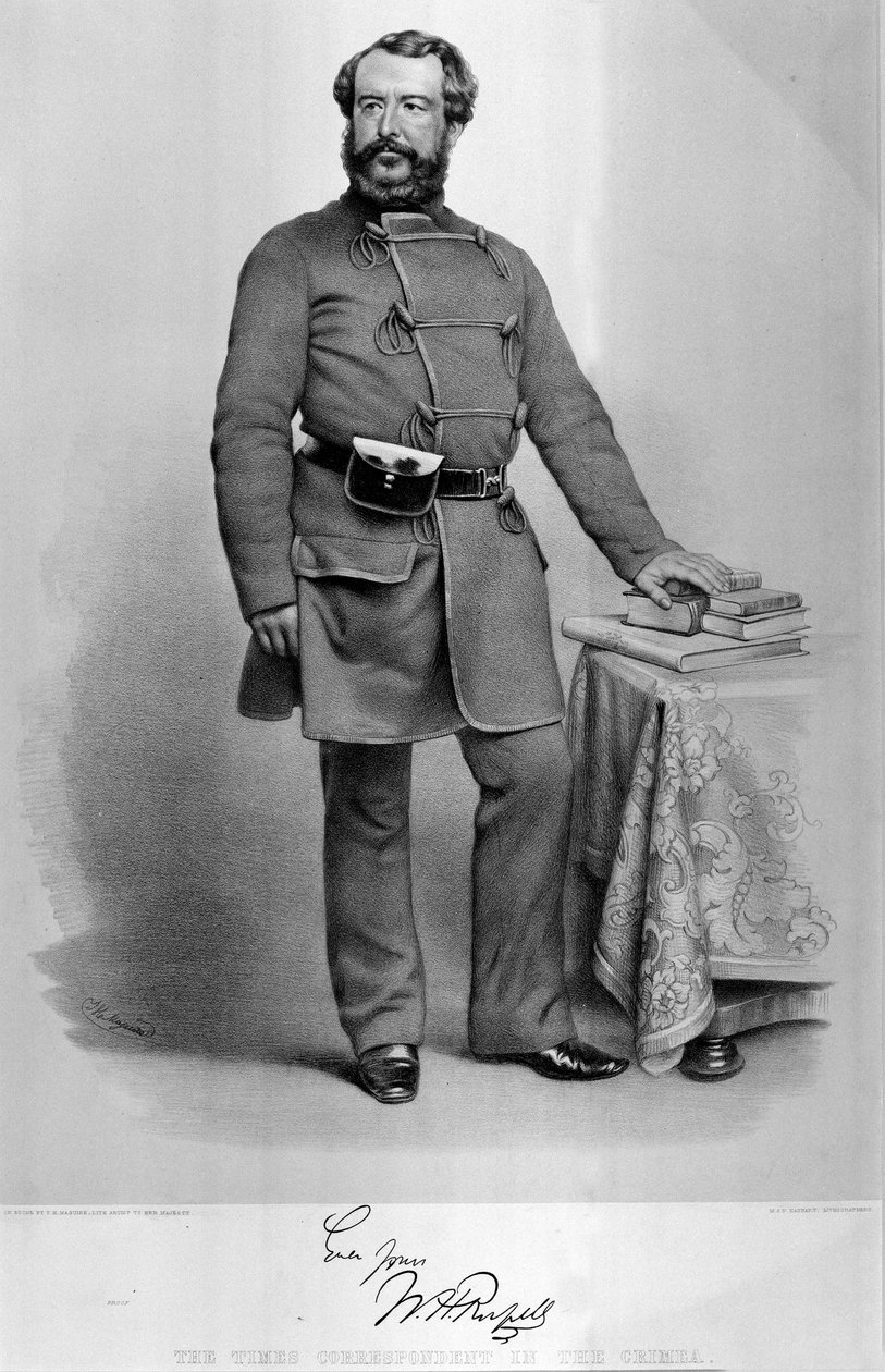 डब्ल्यूएच रसेल का पोर्ट्रेट (1820-1907) क्रीमिया में टाइम्स कॉरेस्पोंडेंट, उनके ऑटोग्राफ के मुख पृष्ठ के साथ, 1855 में प्रकाशित द्वारा थॉमस हर्बर्ट मागुइरे