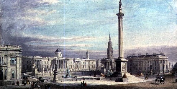जी मूर द्वारा ट्राफलगर स्क्वायर के लेआउट के लिए डिजाइन 1842 द्वारा थॉमस हिघम