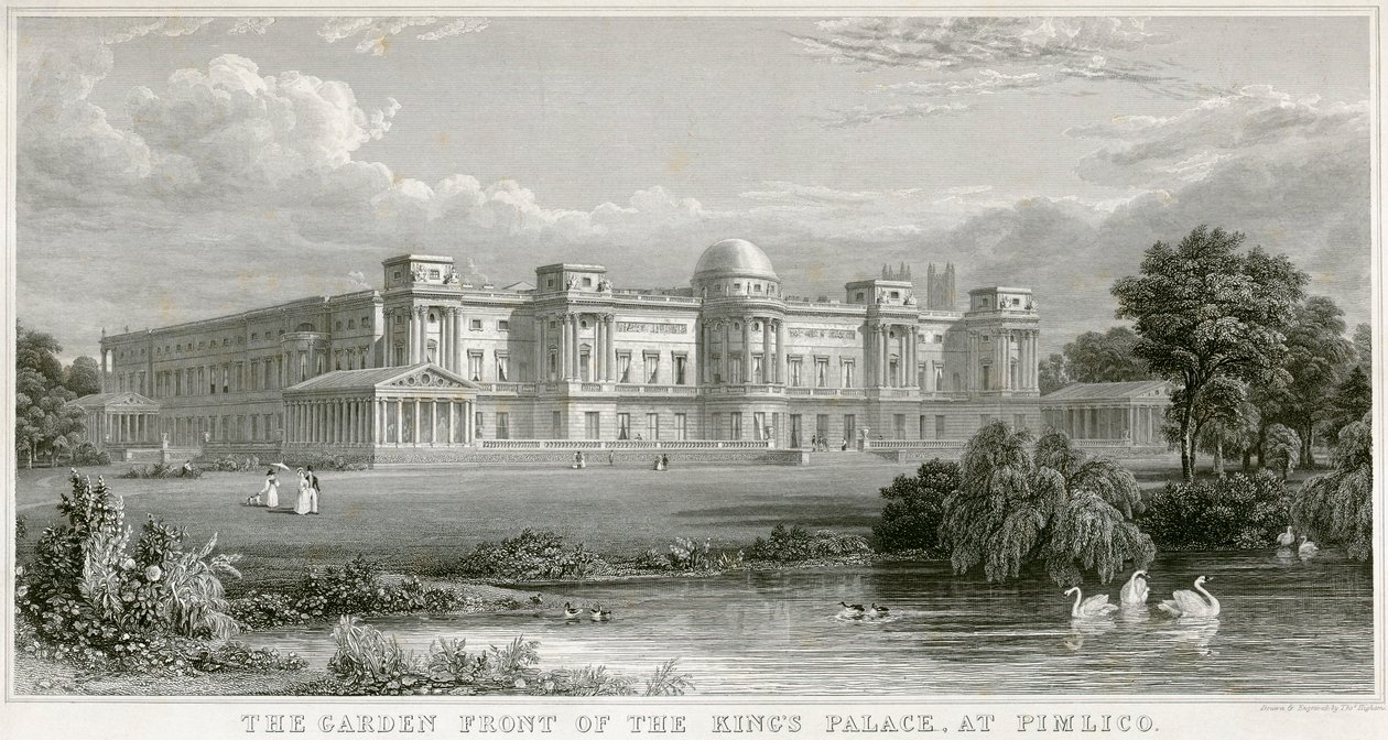 पिमलिको में द गार्डन फ्रंट ऑफ़ द किंग्स पैलेस एट बकिंघम पैलेस, लंदन, 1829 द्वारा थॉमस हिघम