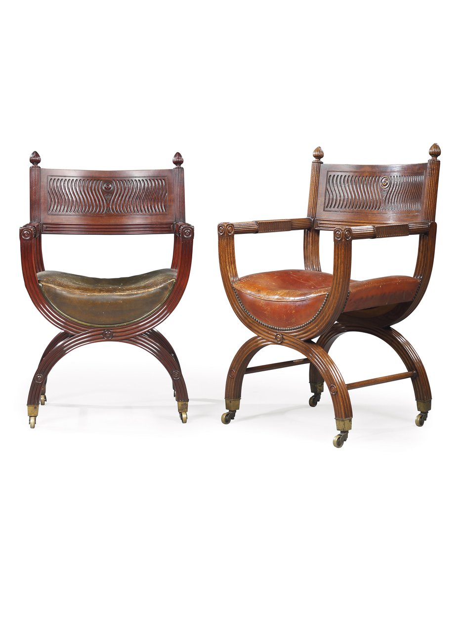 थॉमस होप, c.1880 (महोगनी) द्वारा डिजाइन के बाद, मार्श, जोन्स एंड क्राइब के लिए जिम्मेदार लेट विक्टोरियन महोगनी एक्स-फ्रेम आर्मचेयर। द्वारा थॉमस होप
