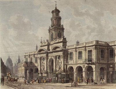 द रॉयल एक्सचेंज का एक दृश्य, कॉर्नहिल, डैनियल हैवेल (1785-1826), पब द्वारा उकेरा गया। 1816 एकरमैन की 'रिपॉजिटरी ऑफ आर्ट्स' (एक्वाटिंट) द्वारा द्वारा थॉमस होस्मर (बाद में) शेफर्ड