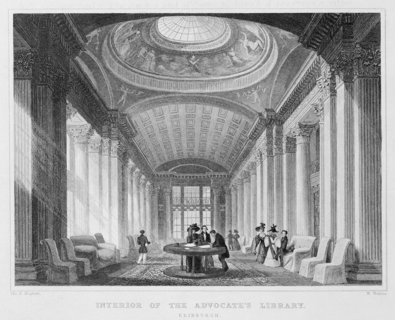 विलियम वॉकिन्स, 1831 (उत्कीर्णन) (बीडब्ल्यू) द्वारा उत्कीर्ण एडवोकेट्स लाइब्रेरी, एडिनबर्ग का इंटीरियर द्वारा थॉमस होसमर शेफर्ड