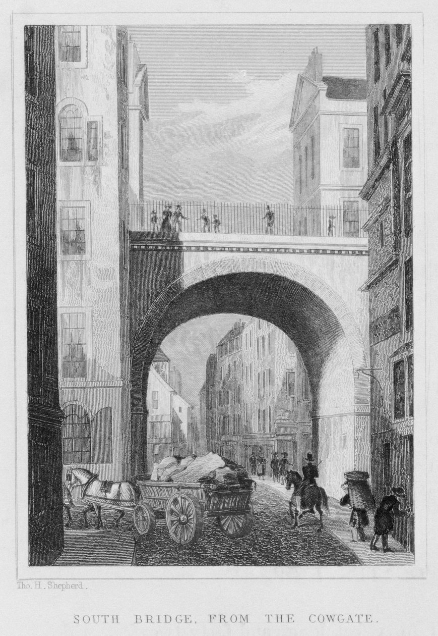काउगेट से साउथ ब्रिज, 1831 में विलियम वाटकिंस द्वारा उत्कीर्ण एडिनबर्ग द्वारा थॉमस होसमर शेफर्ड